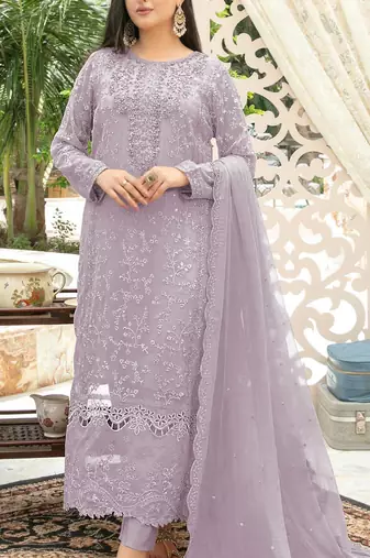 Lavender chiffon thread embroidered sequin salwar suit