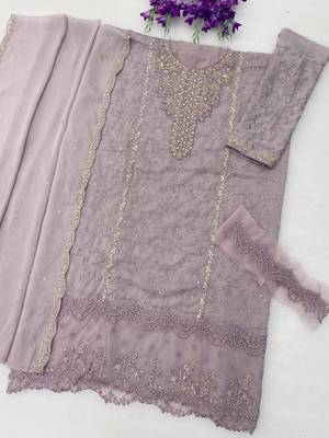 Lavender chiffon thread embroidered sequin salwar suit 2