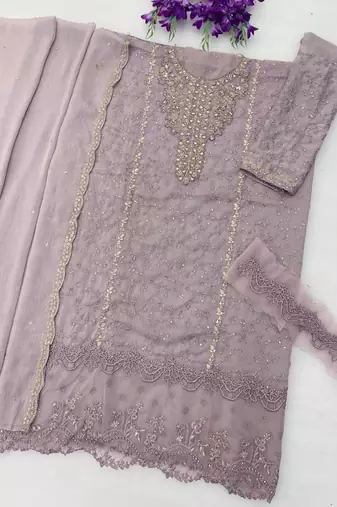 Lavender chiffon thread embroidered sequin salwar suit