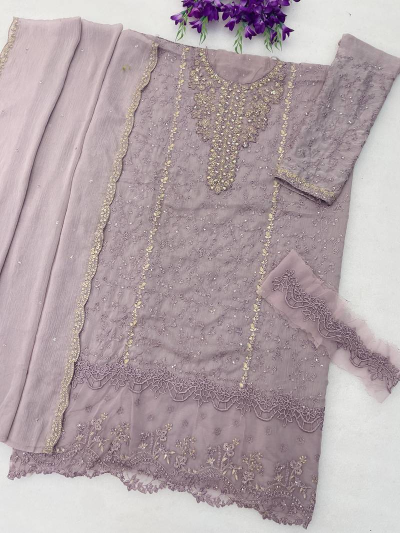 Lavender chiffon thread embroidered sequin salwar suit