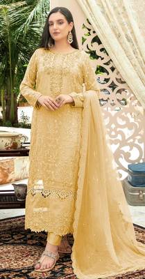 Yellow chiffon thread embroidered sequin salwar suit 1