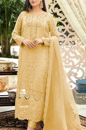 Yellow chiffon thread embroidered sequin salwar suit