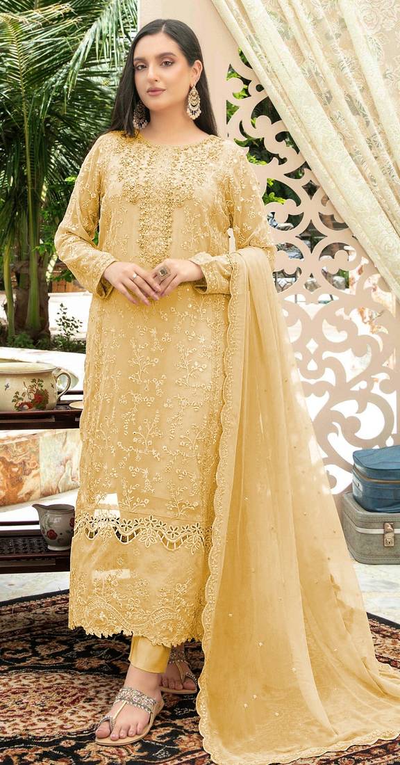 Yellow chiffon thread embroidered sequin salwar suit