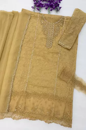 Yellow chiffon thread embroidered sequin salwar suit