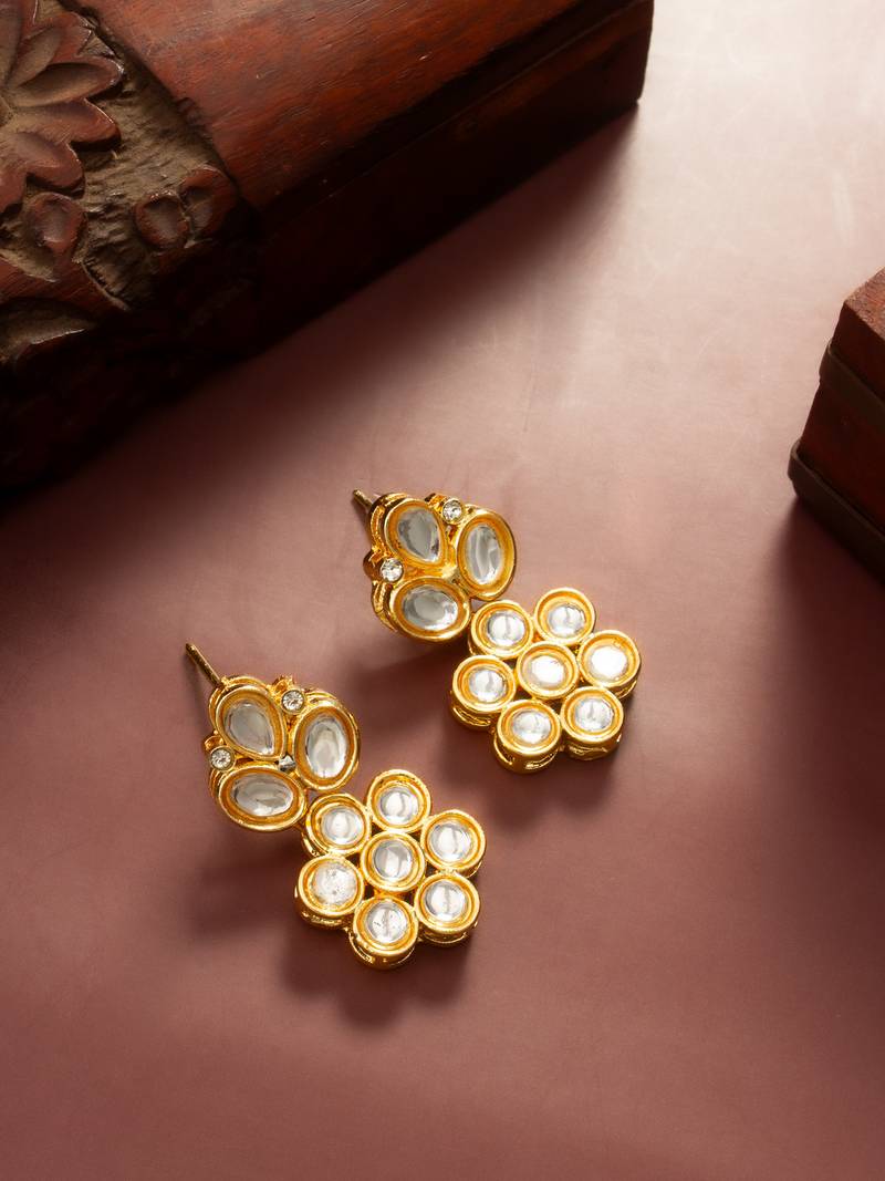 gold plated floral kundan stud earrings