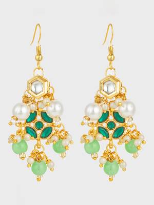 gold plated green kundan and pearl chandelier earrings for women 2
