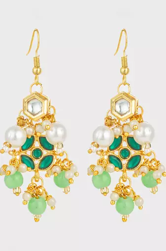 gold plated green kundan and pearl chandelier earrings for women