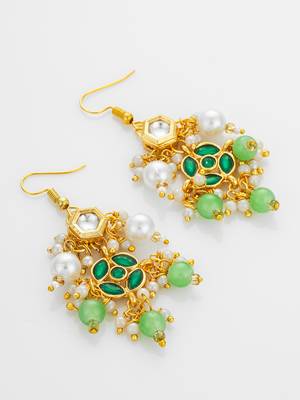 gold plated green kundan and pearl chandelier earrings for women 3