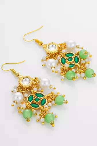 gold plated green kundan and pearl chandelier earrings for women