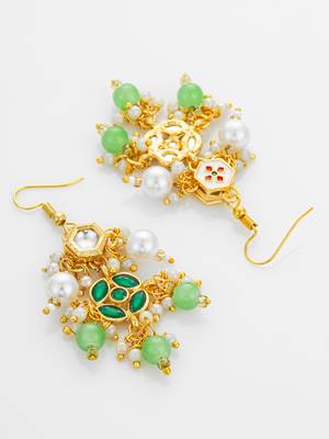 gold plated green kundan and pearl chandelier earrings for women 4