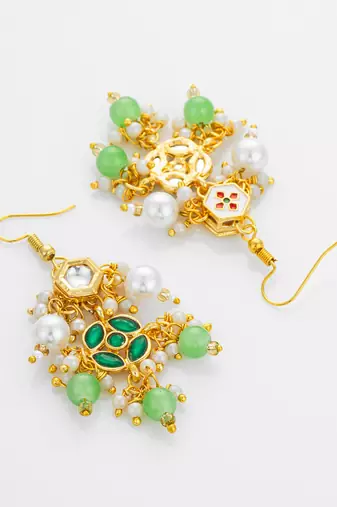 gold plated green kundan and pearl chandelier earrings for women
