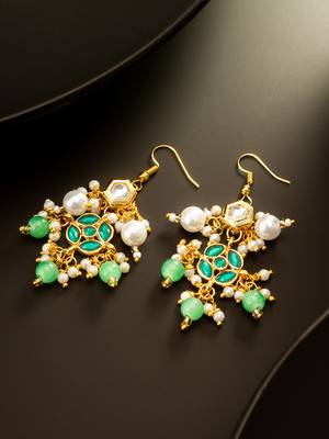gold plated green kundan and pearl chandelier earrings for women 1