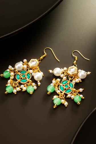 gold plated green kundan and pearl chandelier earrings for women