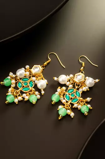 gold plated green kundan and pearl chandelier earrings for women