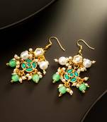 gold plated green kundan and pearl chandelier earrings for women