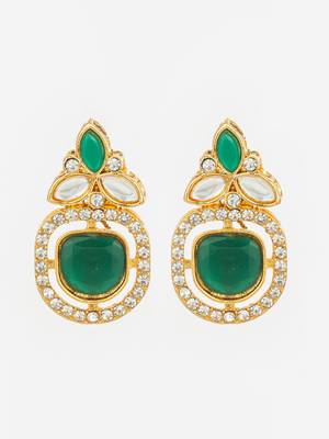 gold plated green stone and ad studded traditional drop earrings 2
