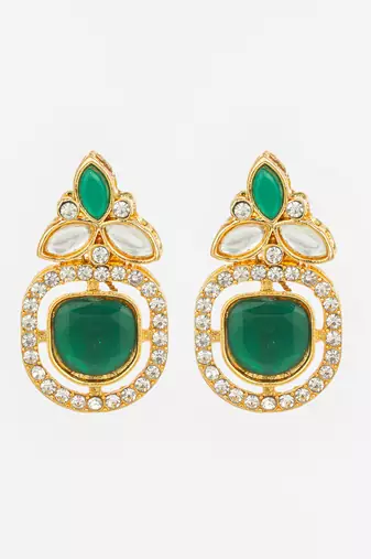 gold plated green stone and ad studded traditional drop earrings