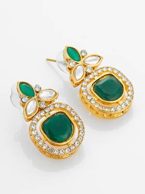 gold plated green stone and ad studded traditional drop earrings 3