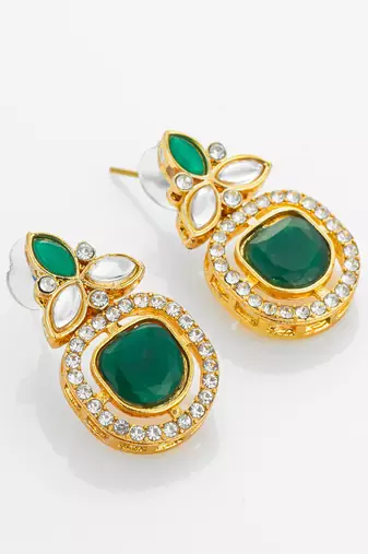 gold plated green stone and ad studded traditional drop earrings