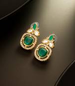 gold plated green stone and ad studded traditional drop earrings