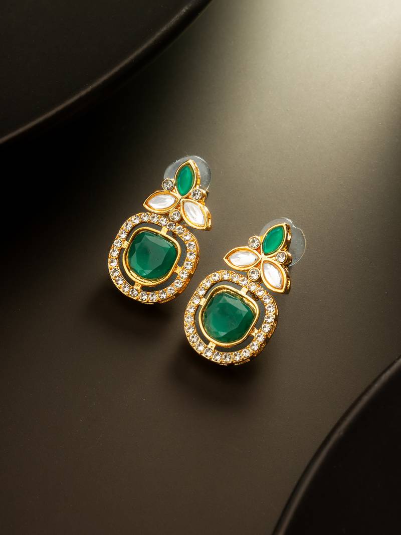 gold plated green stone and ad studded traditional drop earrings
