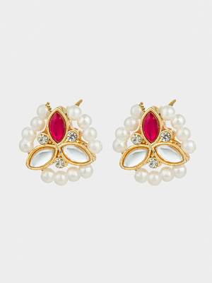 gold plated red kundan and pearl border stud earrings 2