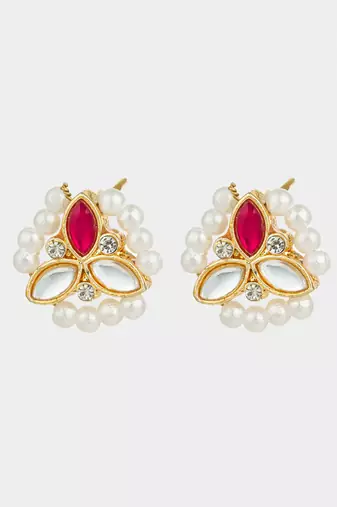 gold plated red kundan and pearl border stud earrings