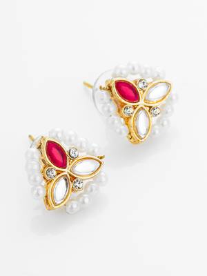 gold plated red kundan and pearl border stud earrings 3
