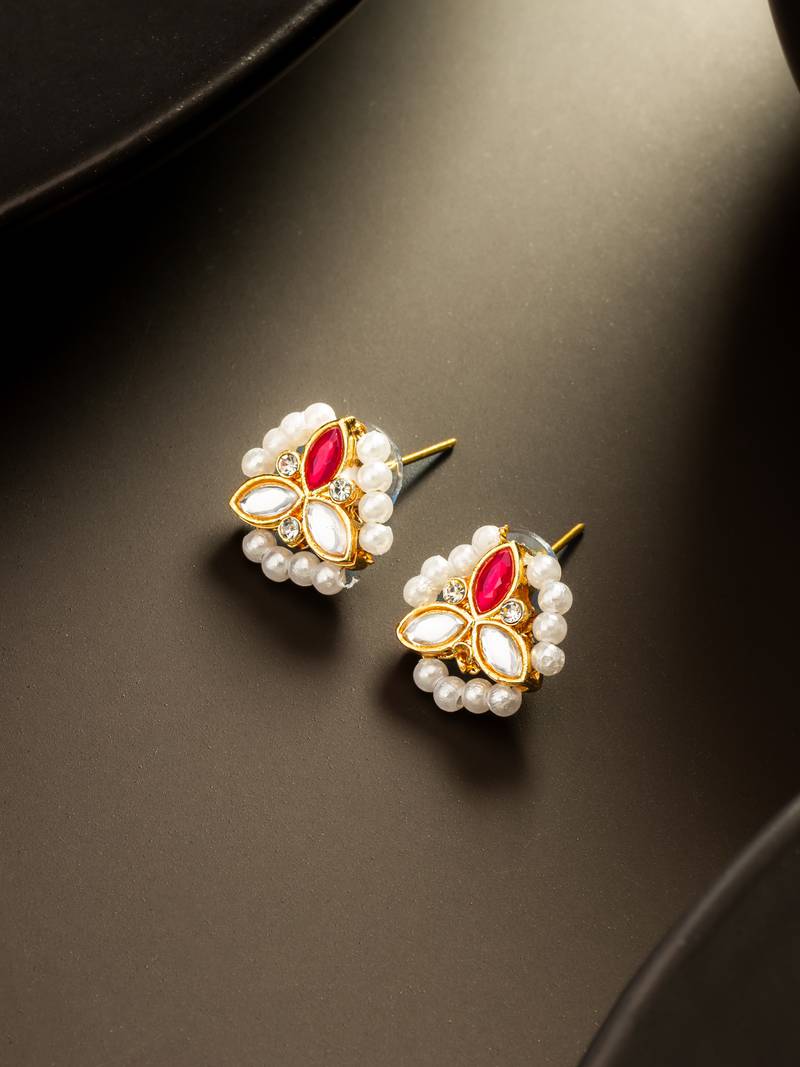 gold plated red kundan and pearl border stud earrings
