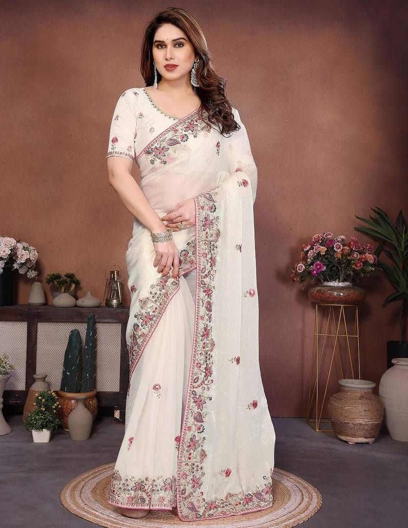 Women’s Off White Embroidered Saree