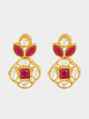 gold plated red stone and kundan traditional floral drop earrings 2
