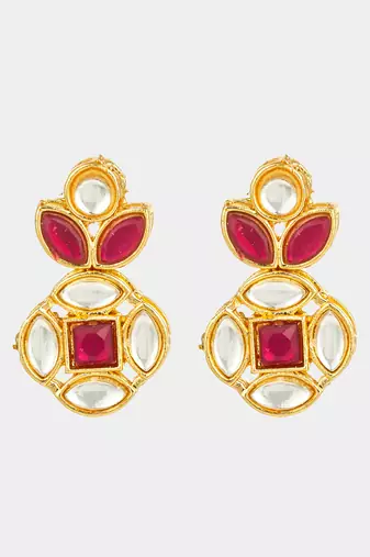 gold plated red stone and kundan traditional floral drop earrings
