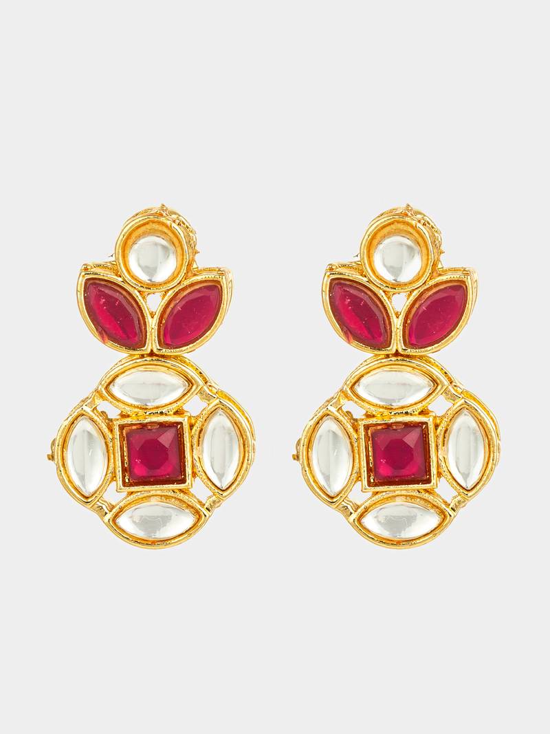 gold plated red stone and kundan traditional floral drop earrings