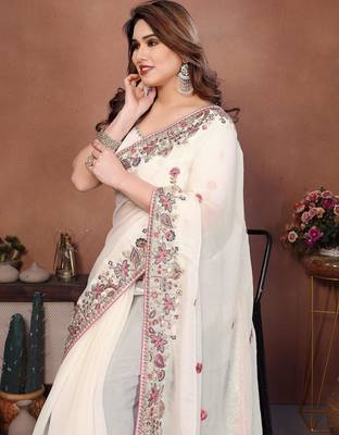 Women’s Off White Embroidered Saree 2