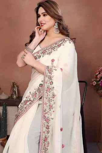Women’s Off White Embroidered Saree