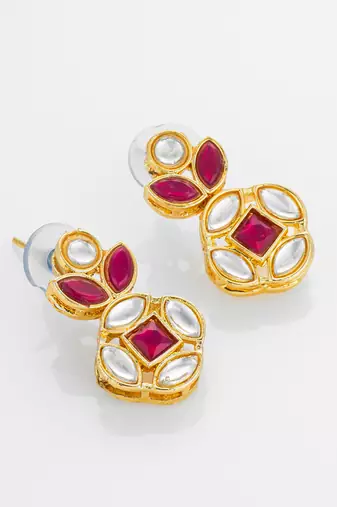 gold plated red stone and kundan traditional floral drop earrings