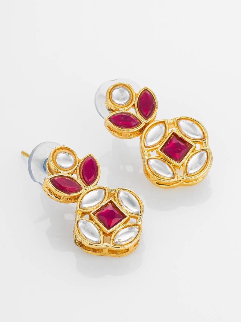 gold plated red stone and kundan traditional floral drop earrings