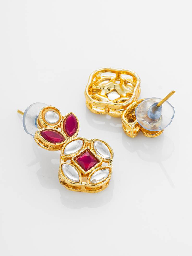 gold plated red stone and kundan traditional floral drop earrings