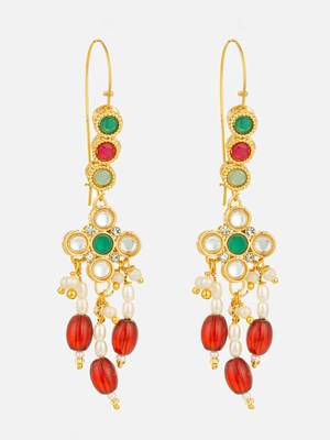 gold plated multi-color kundan and red bead long drop earrings 2