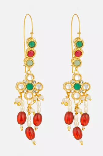 gold plated multi-color kundan and red bead long drop earrings