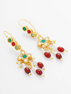 gold plated multi-color kundan and red bead long drop earrings 3