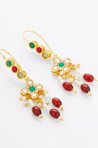 gold plated multi-color kundan and red bead long drop earrings