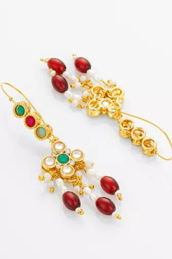 gold plated multi-color kundan and red bead long drop earrings