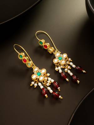 gold plated multi-color kundan and red bead long drop earrings 1