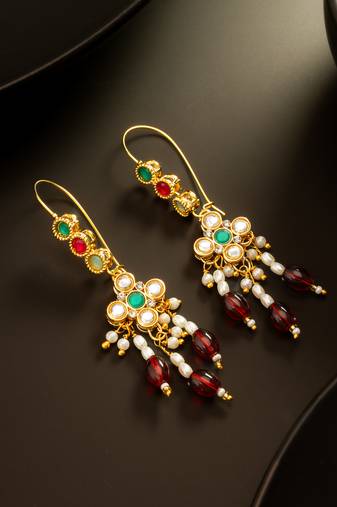 gold plated multi-color kundan and red bead long drop earrings