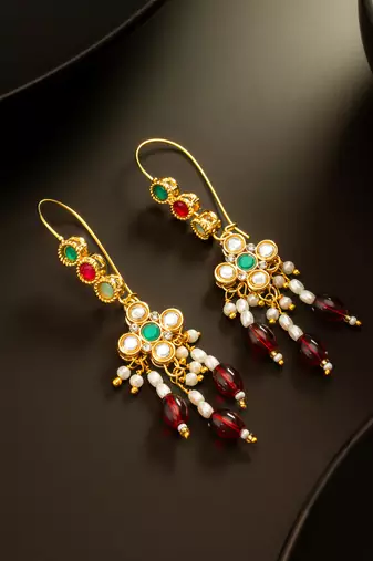 gold plated multi-color kundan and red bead long drop earrings