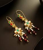 gold plated multi-color kundan and red bead long drop earrings