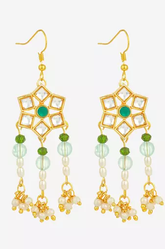 gold plated star floral kundan chandelier earrings