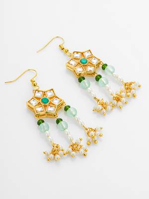 gold plated star floral kundan chandelier earrings 3