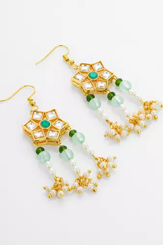 gold plated star floral kundan chandelier earrings